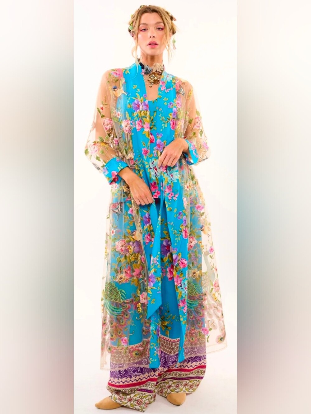 Aratta Garden Of Eden Embroidered Mesh Duster L NWT